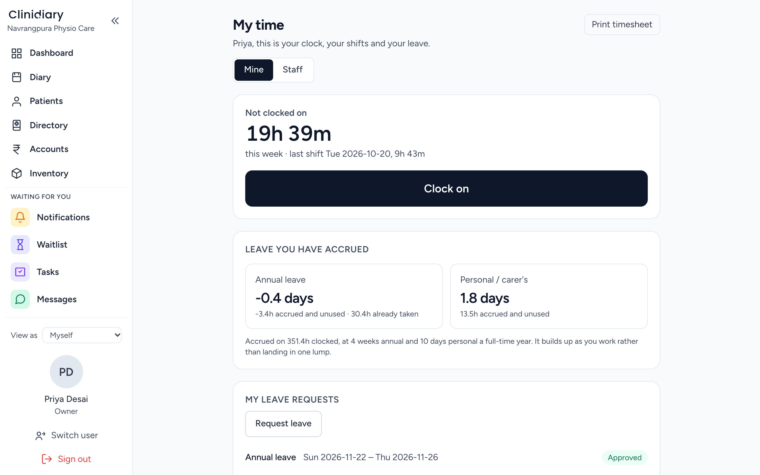 My time: clocking on, leave and the timesheet in one screen